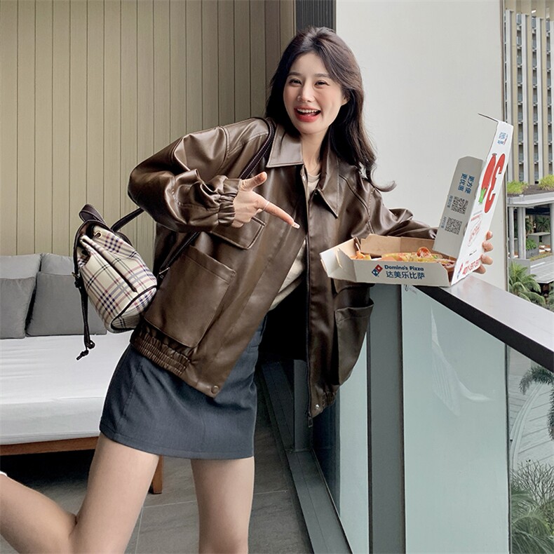 《48H发》翻领美拉德机车宽松皮衣短外套,女装皮衣,辰辰家