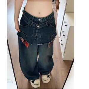 毛边拼接牛仔裤女设计感小众高级感2025新款高腰显瘦宽松阔腿裤潮图片