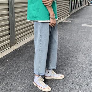 港风夏款男牛仔裤宽松下坠系带直筒九分裤n图片