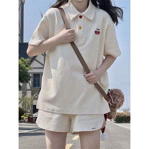 H513-p45 学生少女Polo衫套装女夏季学院风短袖短裤两件套图片