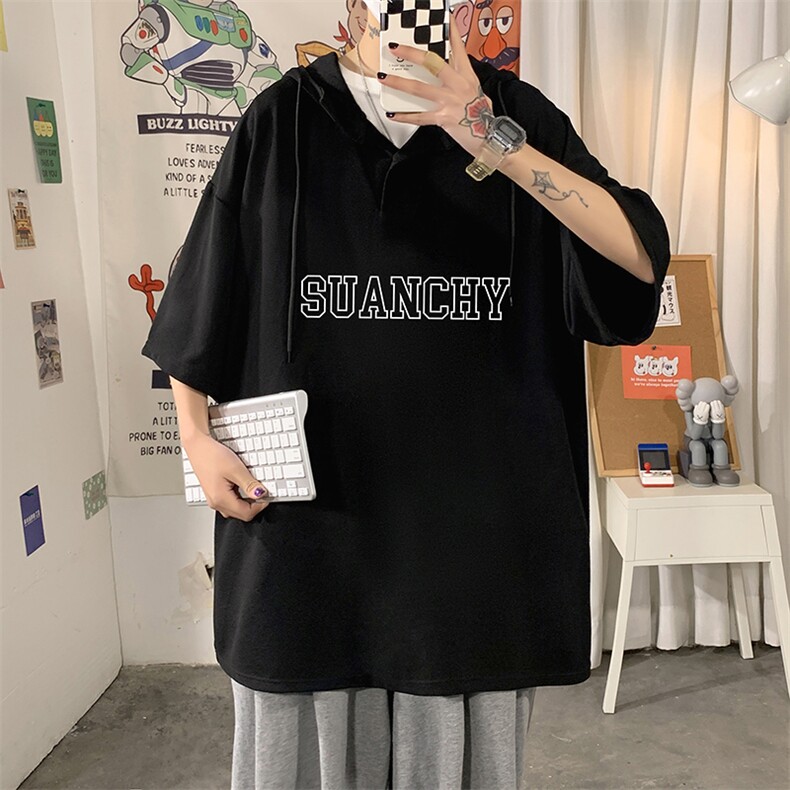 LD54229-P45连帽短袖t恤男大码胖子带帽五分袖中袖,男装T恤,电商A040
