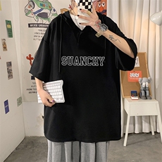 LD54229-P45连帽短袖t恤男大码胖子带帽五分袖中袖，男装T恤，电商A040