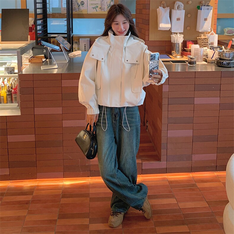 米白色休闲设计感夹克短外套女2025春秋季新款韩版连帽棒球服上衣,女装短外套,维壹