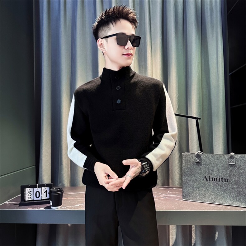 M507-P78-控108男新款排扣毛衣外套秋冬加厚高领打底衫上衣潮流图片
