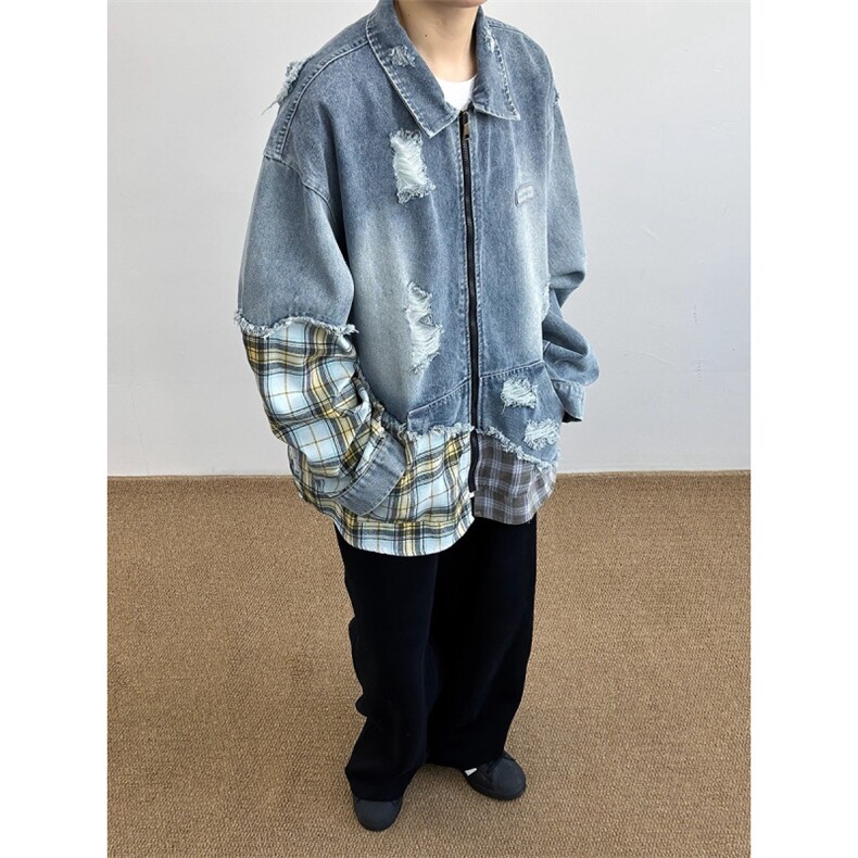 美式潮不规则假两件格子拼接破洞牛仔夹克男女复古外套HH8972P80，男装工装外套，星座1013-5