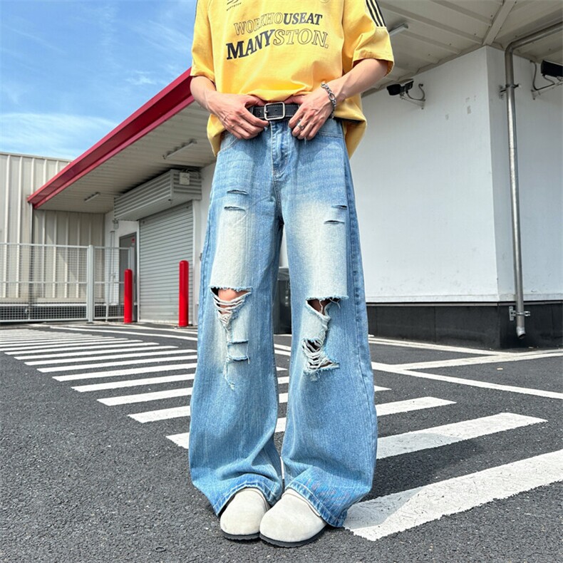 美式复古破洞弯刀牛仔裤男女潮牌宽松cleanfit镰刀裤图片