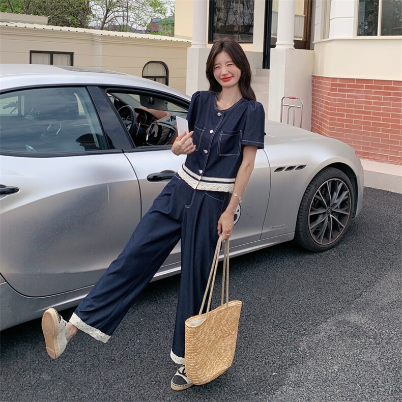 轻熟风韩系蕾丝拼接天丝牛仔阔腿裤套装女夏新款ootd穿搭两件套图片