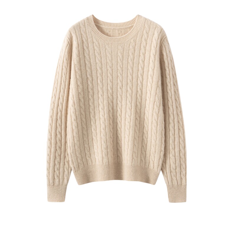 HE|禾家同款A规100%纯山羊绒衫女圆领宽松针织衫坑条插肩毛衣，女装羊绒衫，轻暖羊绒