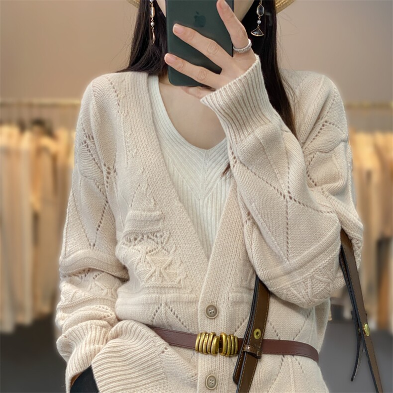秋冬季新款舒适女士V领针织羊毛开衫长袖,女装羊毛衫,奢优羊绒