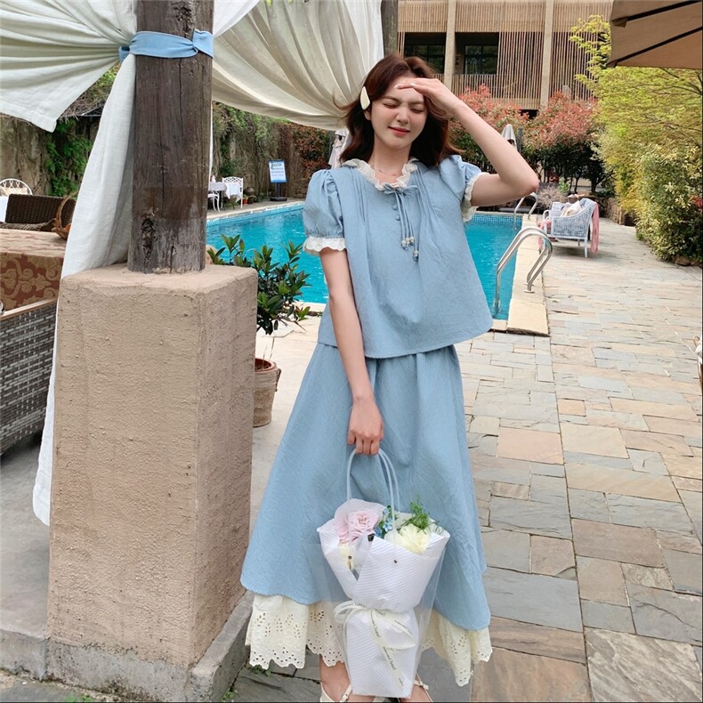 温柔系甜美减龄套装裙2025新款夏日超火蕾丝拼接小衫半身裙两件套,女装套装/套裙,2C057