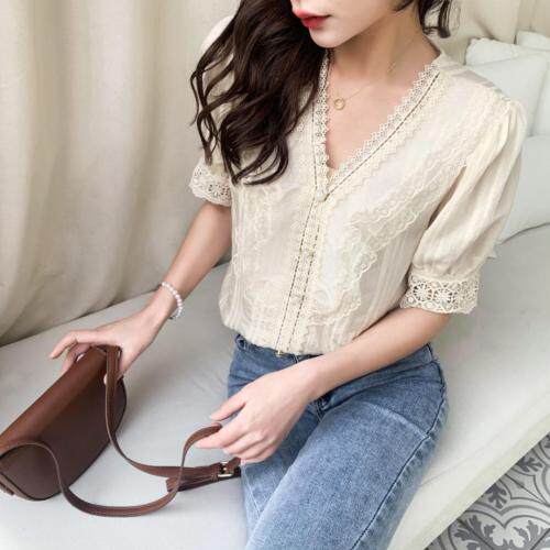 2021夏季V领花边短袖上衣，女装，千衣百顺