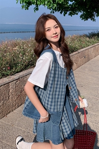 文艺风氛围感格纹牛仔套装裙女夏休闲小个子减龄t恤半身裙三件套图片