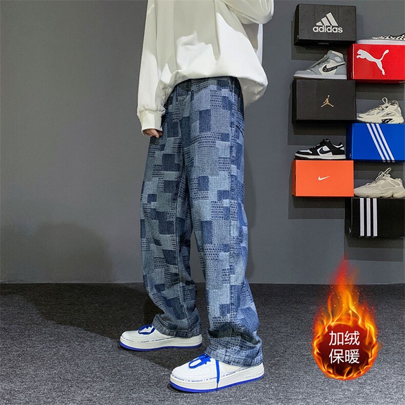 2023加绒加厚现货高街少年大码宽松直筒拖地裤K6960J-P65,男装牛仔裤,电商A042