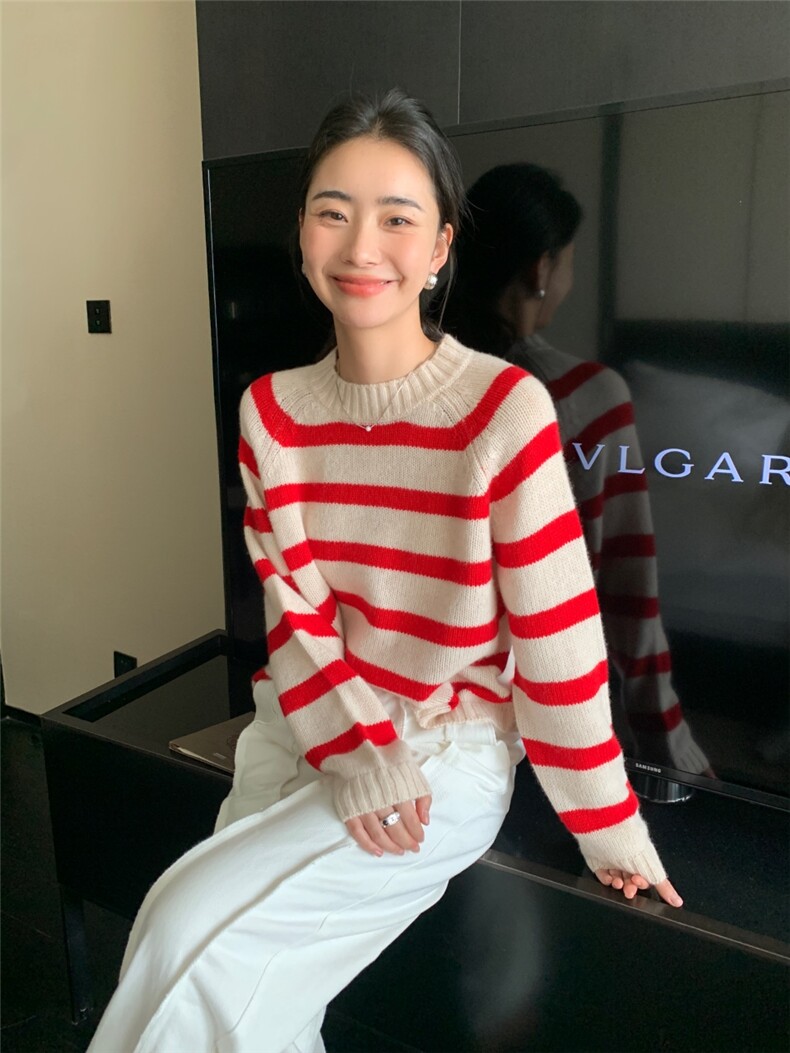 新款女圆领条纹插肩加厚针织衫宽松百搭外穿毛衣,针织衫/毛衣,玛卡隆羊绒