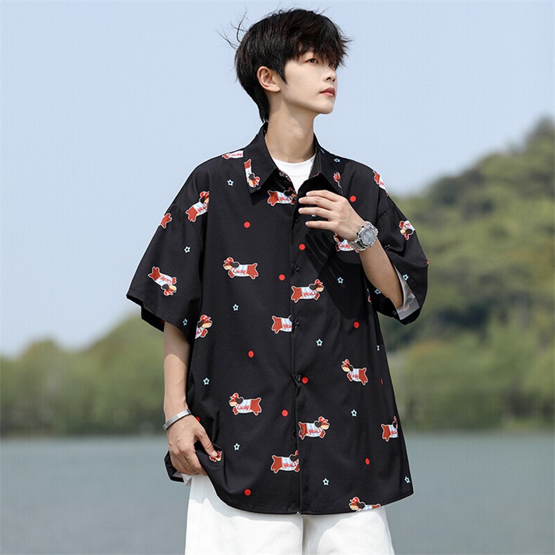 8XL-M腊肠狗花衬衫男短袖夏季冰丝薄款花衬衣寸衫外套DC28003P38,男装T恤,电商B312