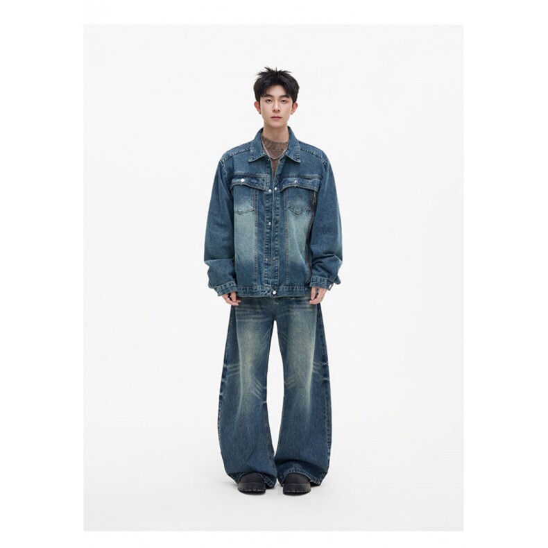 港风秋款男牛仔夹克衫渐变色拉链宽松休闲外套JK4004P75,男装夹克,星座1013-1