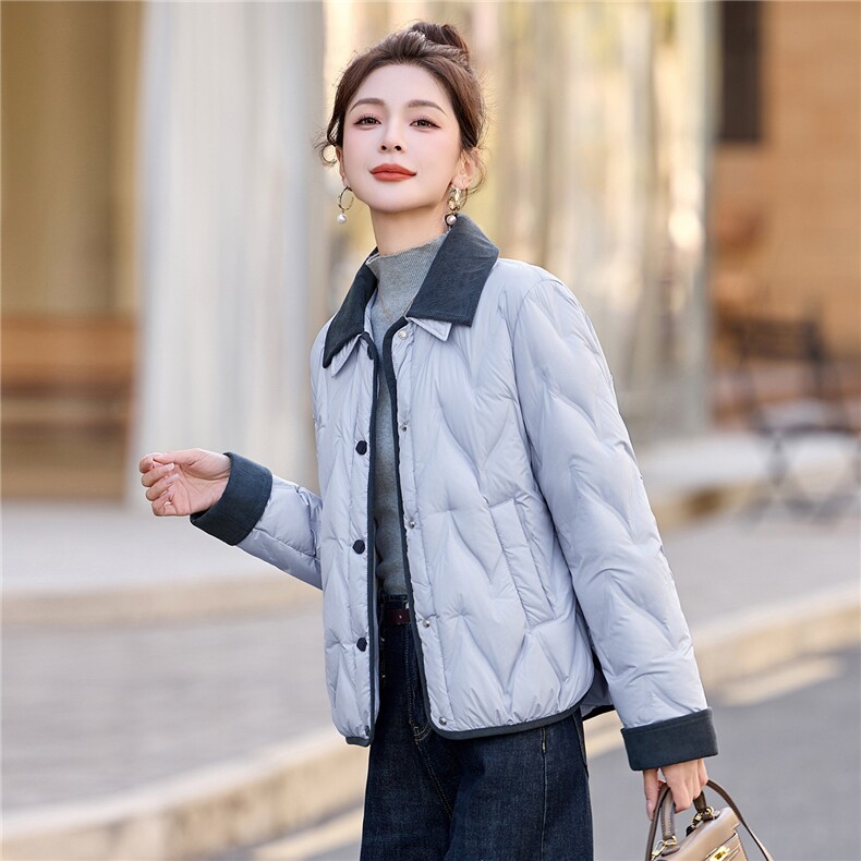 现货！短款羽绒服女灯芯绒翻领时尚巴恩风小个子加厚保暖上衣外套,女装羽绒服,沐七七
