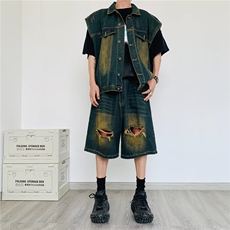 美式牛仔套装男韩版潮流无袖高街2023夏季新款ins五分裤W4924-P85，男装休闲套装，星座412-3