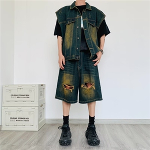 美式牛仔套装男韩版潮流无袖高街2023夏季新款ins五分裤W4924-P85图片