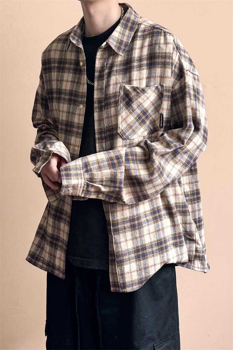 2025春宽松休闲格子长袖衬衣潮牌中性衬衫AC2308601-特批P50控89,男装夹克,电商A351