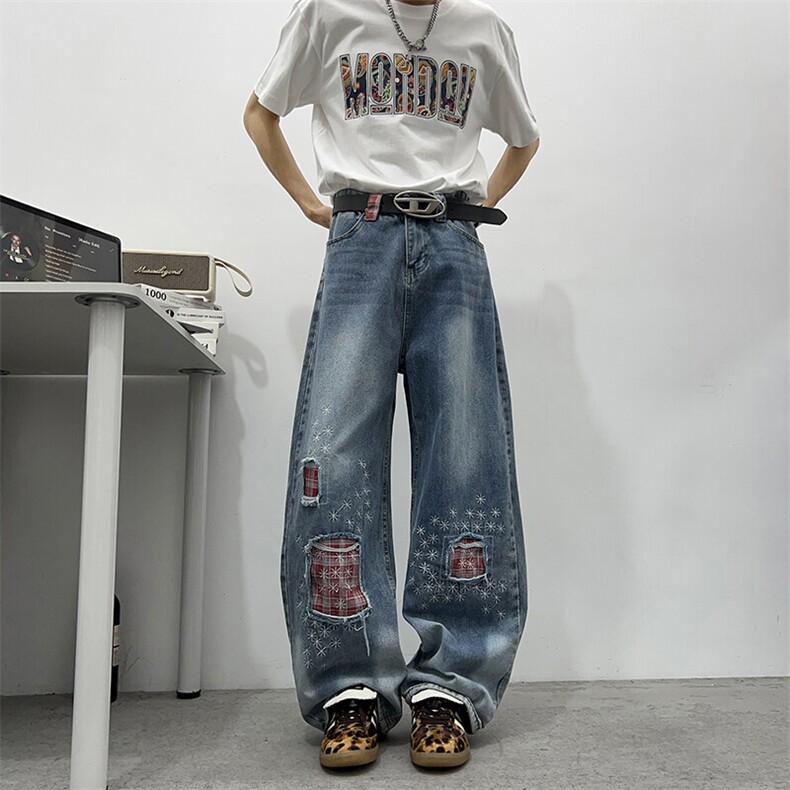 美式复古磨破刺绣牛仔裤男女设计感宽松直筒微喇阔腿裤NZ0163-P58,男装牛仔裤,星座308B-1