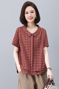 纯棉短袖衬衫女2024夏季新款中年妈妈装格子休闲宽松翻领洋气上衣图片