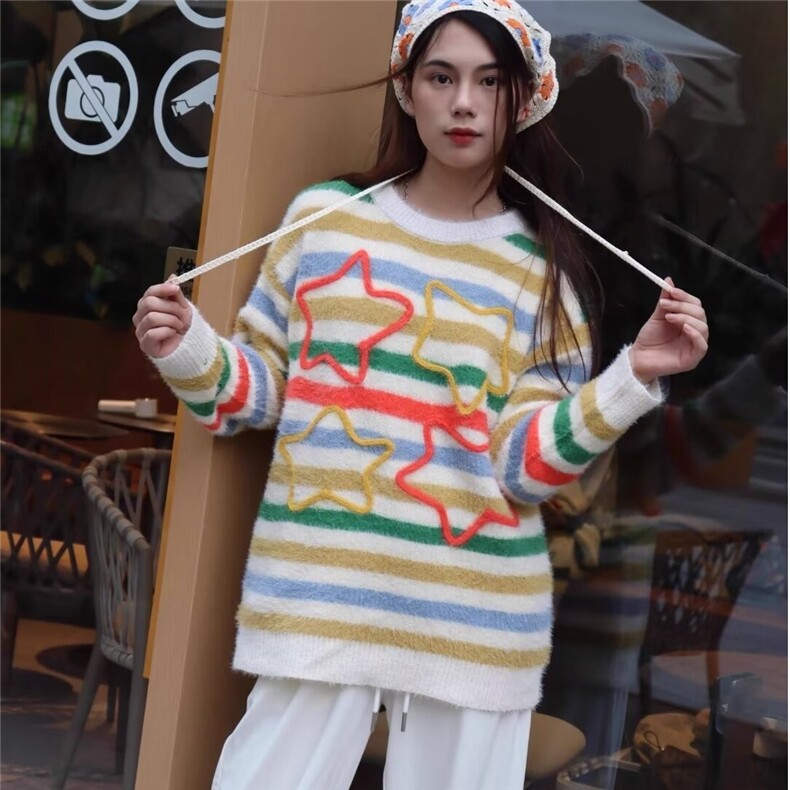 秋冬季流行洋气可爱彩色条纹套头毛衣女时尚甜美针织衫设计感上衣,男装针织衫/毛衣,星座1210-1