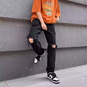 欧美高街破洞牛仔裤黑色夏季显瘦复古hiphop乞丐裤男 PN300-P38图片