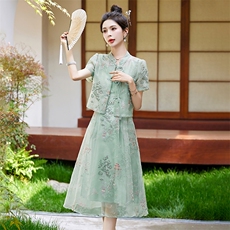 欧根纱刺绣新中式连衣裙两件套女2024夏季新款洋气减龄吊带裙套装，女装套装/套裙，艾仟回(原伊仟回)