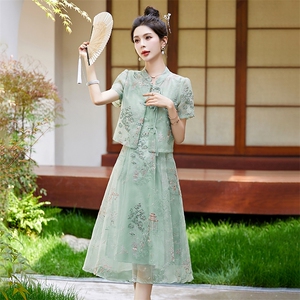 欧根纱刺绣新中式连衣裙两件套女2024夏季新款洋气减龄吊带裙套装图片