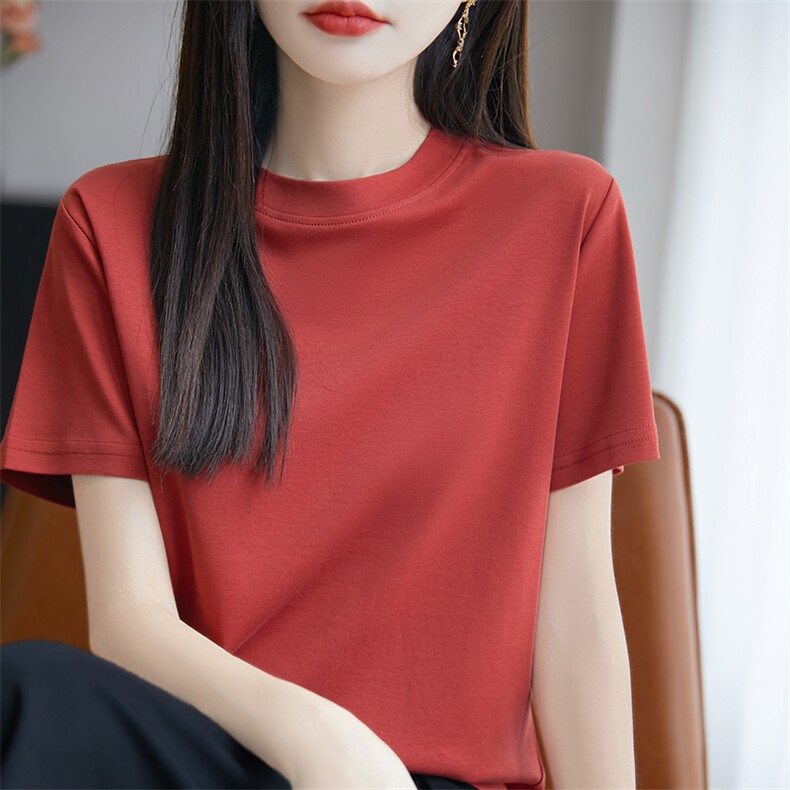 夏季新款简约半高领短袖女宽松百搭显瘦时尚休闲上衣,女装T恤,羊秋羊绒