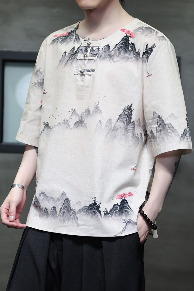 2025夏季新款男装禅服风冰丝印花盘扣唐装短袖T恤C104-P45,男装T恤,电商B277(原6028)