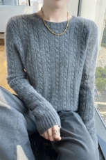 100%纯羊毛衫女圆领扭花针织长袖毛衣秋冬宽松慵懒羊绒衫内搭上衣，女装羊毛衫，美轩羊绒