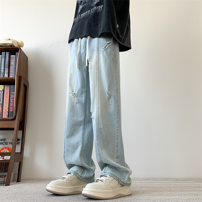 S-3XL夏季薄款冰丝裤直筒宽松破洞牛仔裤310A-2BK312p55控78,男装牛仔裤,星座310A-2