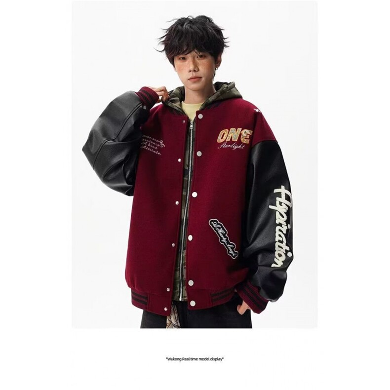1506/QBF6300/P75潮牌情侣美式拼皮撞色单排扣棒球服夹克,男装夹克,星座1506