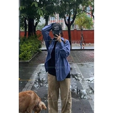 美式复古慵懒宽松蓝色格子长袖衬衫男2025新款百搭休闲刺绣衬衣潮，男装衬衫，星座506A