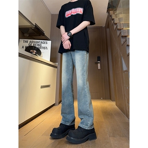 现货主推 渐变复古蓝微喇直筒松紧腰休闲牛仔裤男女K5809-P50控69图片