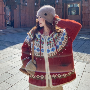 韩系宽松连帽红色毛衣外套女2025年秋冬新款穿搭慵懒风针织开衫潮