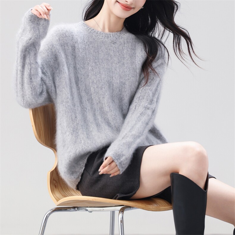 2025年秋季时尚百搭通勤简约休闲坑条圆领,女装羊毛衫,昭美羊绒