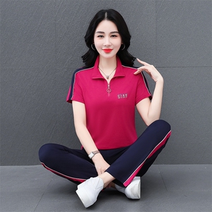 半拉链运动套装女夏季2024新款中老年妈妈跑步休闲大码短袖两件套图片