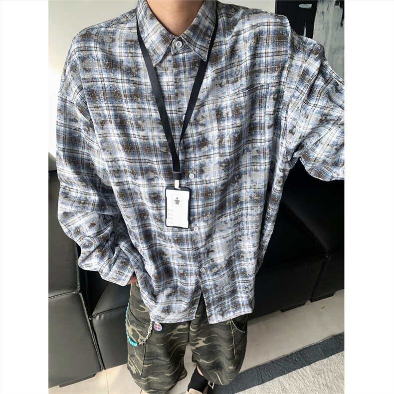 现货~ 扎染格子大码长袖衬衫 C5885/特P28 咖啡色图片
