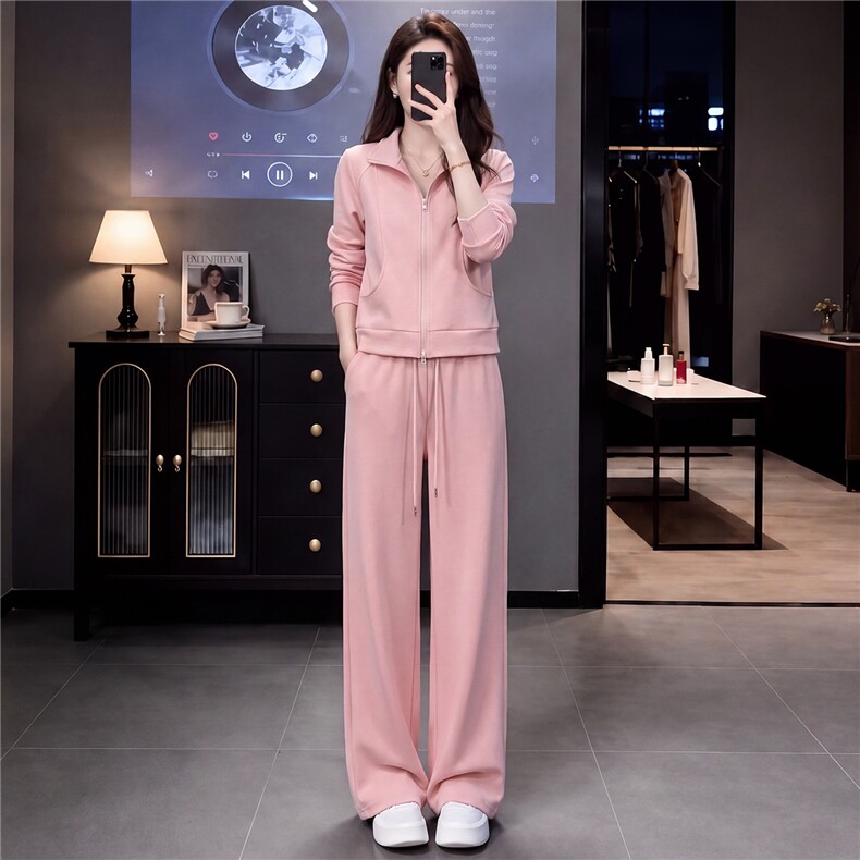 高级感时尚休闲运动服套装女春秋新款立领长袖卫衣阔腿长裤两件套,女装套装/套裙,江南