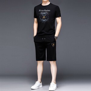 YS-X338夏季男式短袖长裤短裤三件套运动休闲套头修身T恤套装P132图片