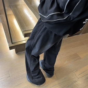 松紧腰牛仔裤男美式宽松直筒水洗侧边条纹阔腿长裤子 NQ20图片