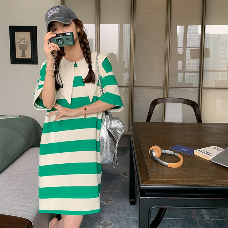 夏季法式条纹娃娃领T恤连衣裙P95K148,女装连衣裙,2C333