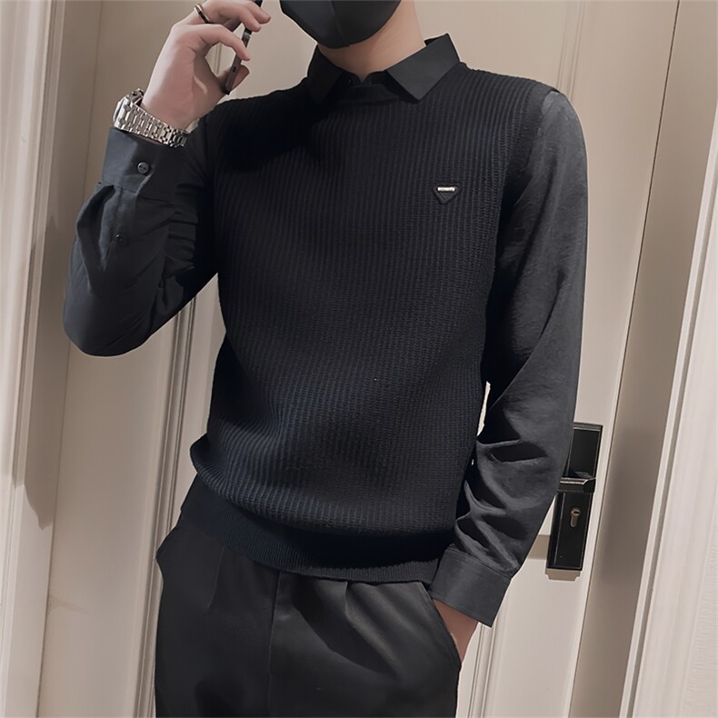 LV282/P88控118冬季假两件衬衫料手袖领针织贴标毛衣男黑首2,男装针织衫/毛衣,星座305B