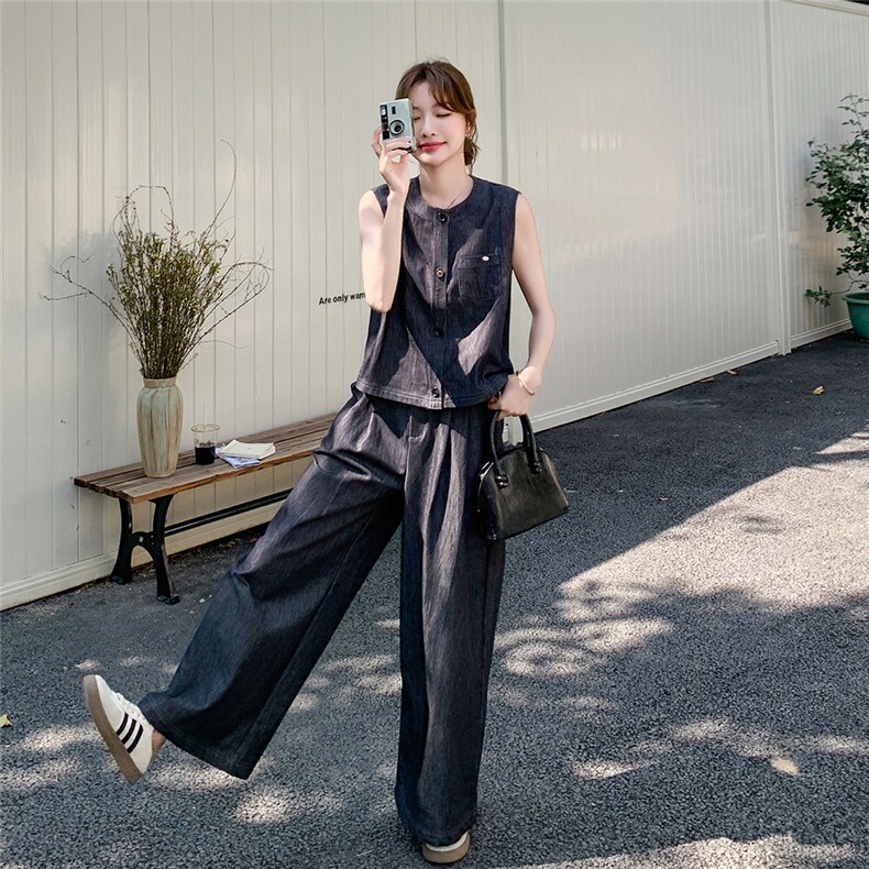 小众设计2025夏季穿搭配一整套减龄薄款牛仔马甲阔腿裤女两件套,女装套装/套裙,2C323