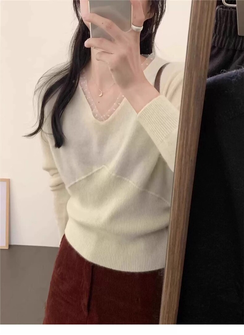 秋冬V领蕾丝花边羊毛衫女宽松显瘦针织打底衫毛衣内搭上衣时尚潮图片