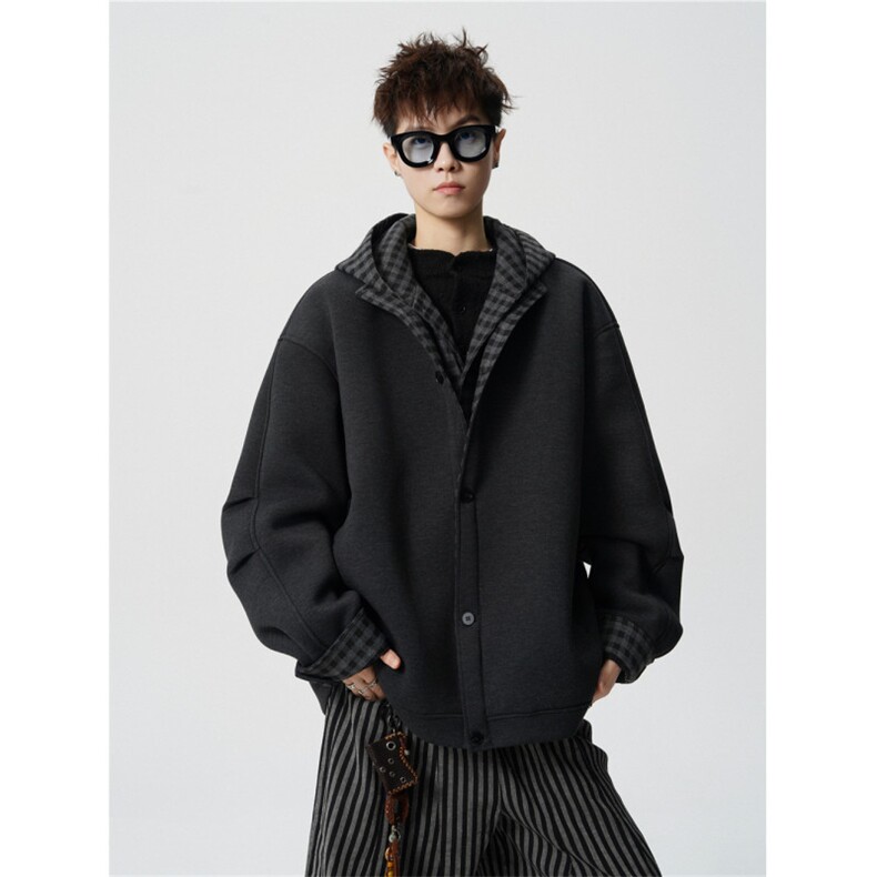 706-LK6113-P88现货春季男士格纹拼接假两件开衫连帽卫衣外套，女装短外套，星座706
