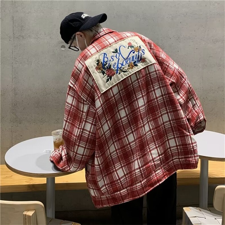 潮夹克男格子帅拼接刺绣花花文艺2025秋冬新款ins衬衫W5213-P60,男装夹克,星座412
